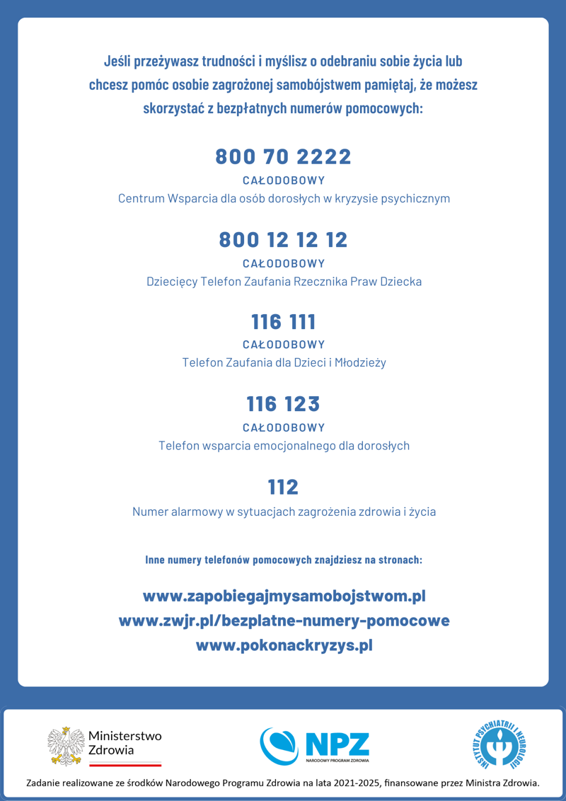 Plakat - numery telefonów instytucji świadczących bezpłatną pomoc psychologiczną