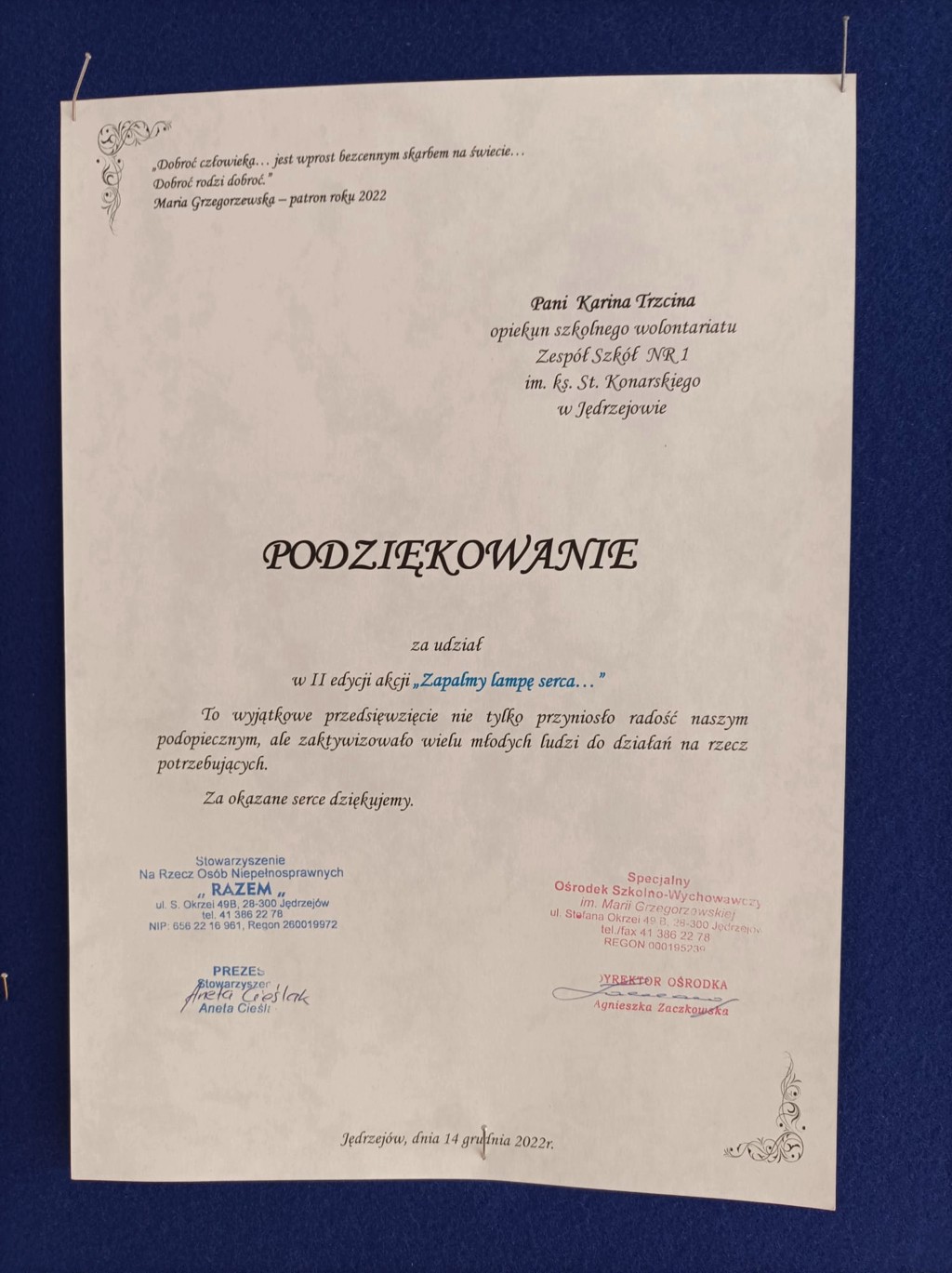Podziekowanie od dzieci z Ośrodka Szkolno-Wychowawczego w Jędrzejowie