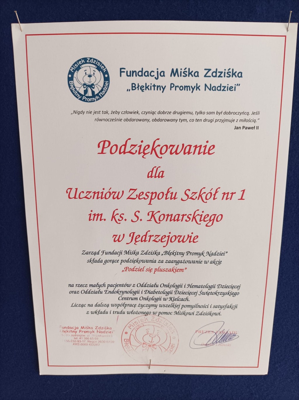 Podziekowanie za udział w akcji zbierania pluszaków